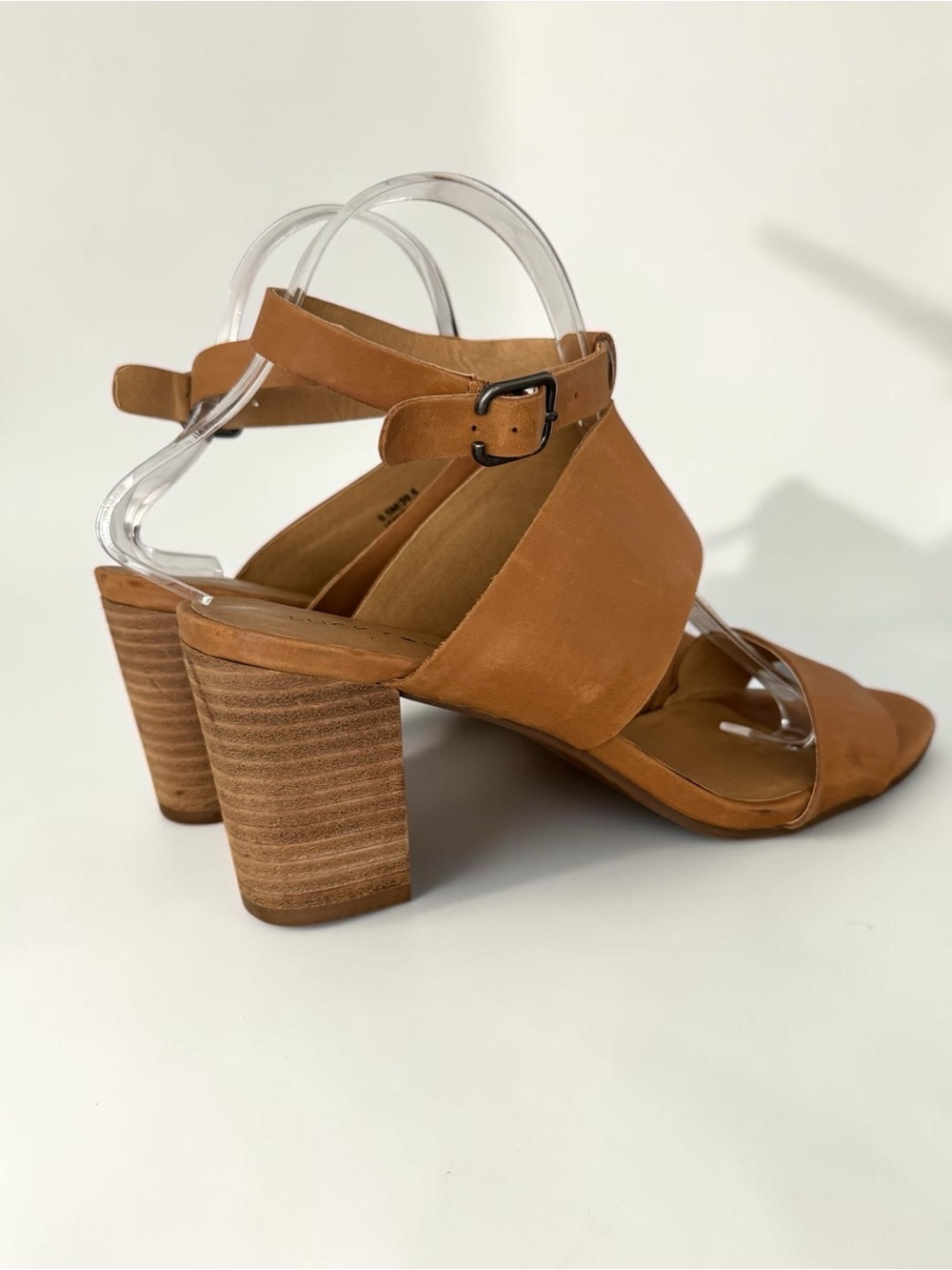 Lucky Brand Women's Leather Block Heel Double Strap Sandals in camel tan brown